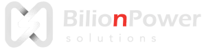 BilionPower Solutions logo in white and red, symbolizing advanced solar panels and sustainable energy solutions.