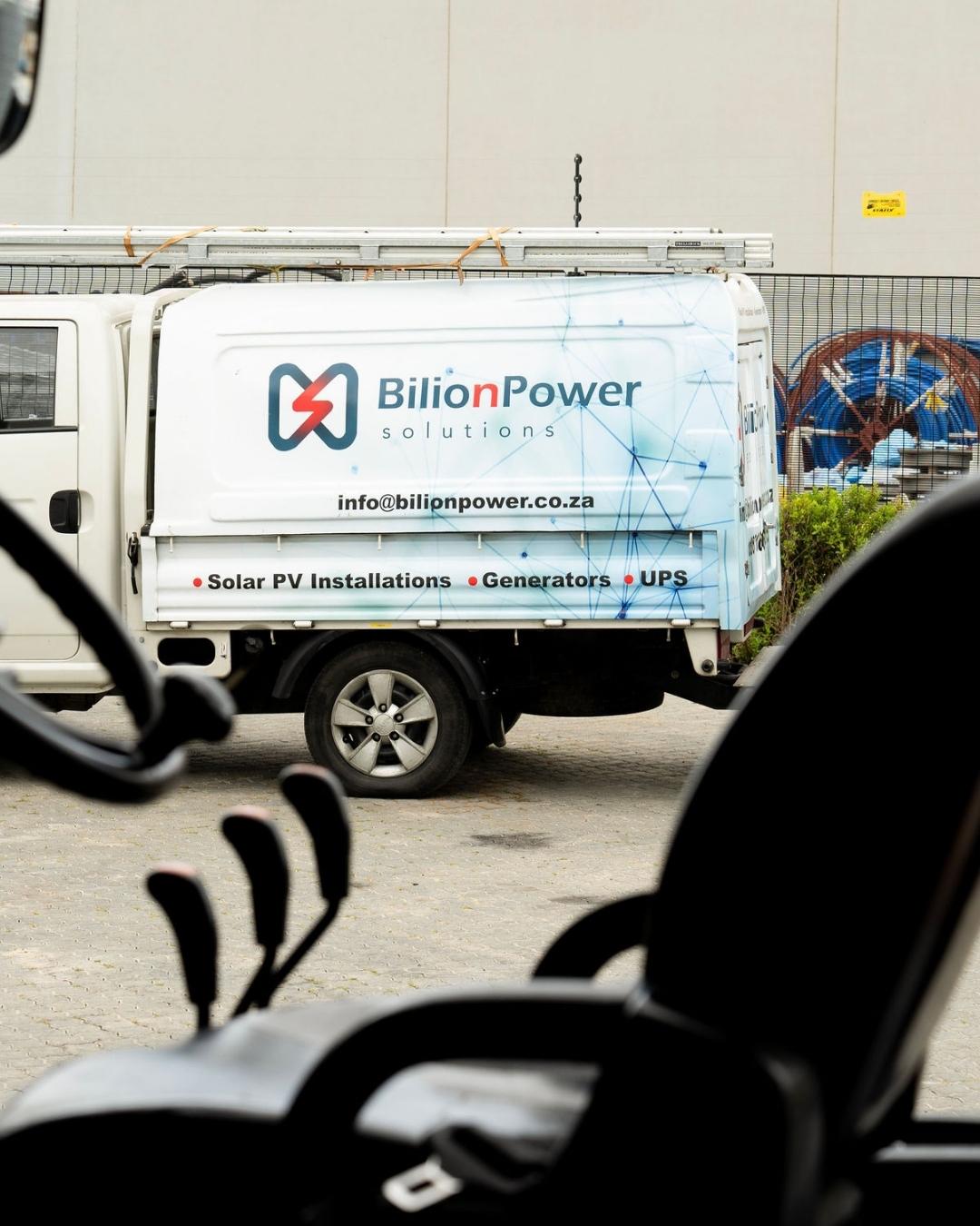 Bilion Power Solutions vehicle for solar panels in Cape Town, specializing in solar PV installations, generators, and UPS systems to provide reliable energy solutions.