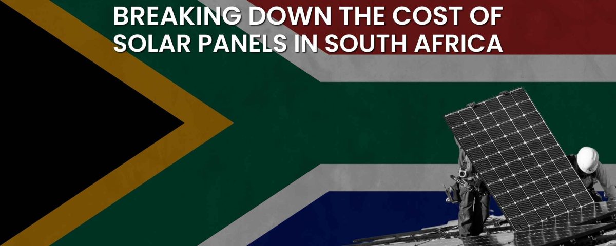 A rooftop solar installation with workers assembling solar panels, set against the South African flag. Explore the cost of solar panels South Africa and key pricing factors.