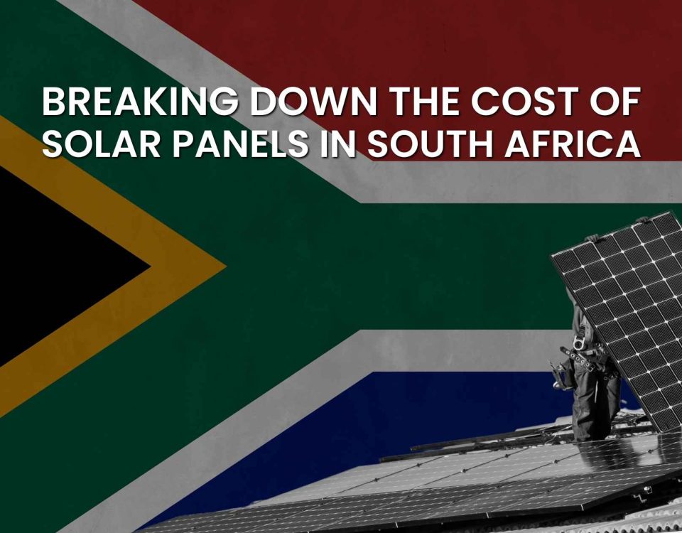 A rooftop solar installation with workers assembling solar panels, set against the South African flag. Explore the cost of solar panels South Africa and key pricing factors.