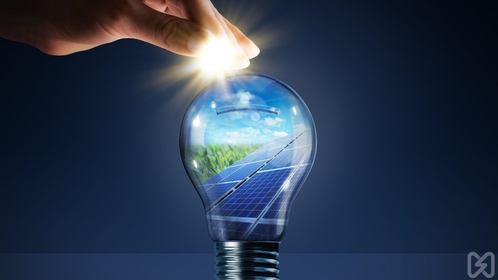 A glowing lightbulb with solar panels inside represents the investment benefits of solar energy, reducing electricity costs.