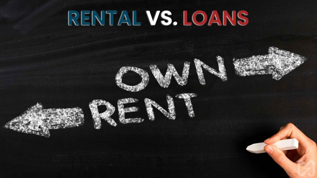 Choosing the Best Solar Finance Option" – A chalkboard showing “Own vs. Rent” represents different solar financing models like solar loans and rental options.