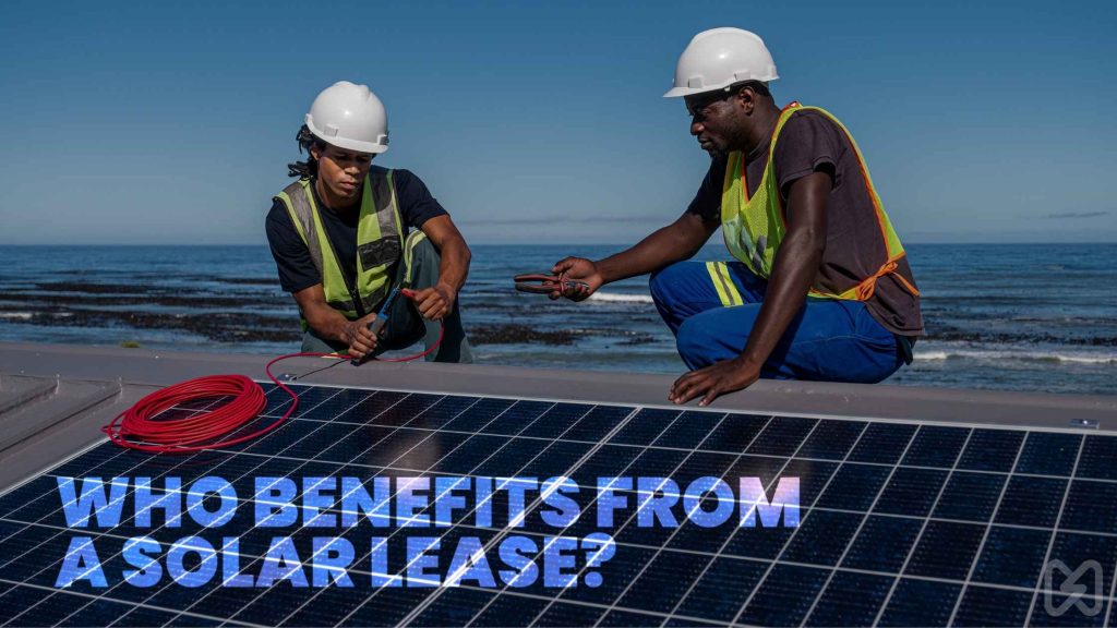 Two solar installers working on a rooftop solar panel setup, explaining who benefits from a rent solar system lease.