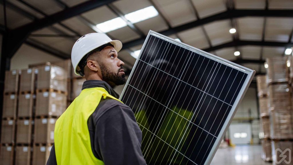 A professional carrying a solar panel in a warehouse represents choosing an accredited solar installer for reliable solar installation.